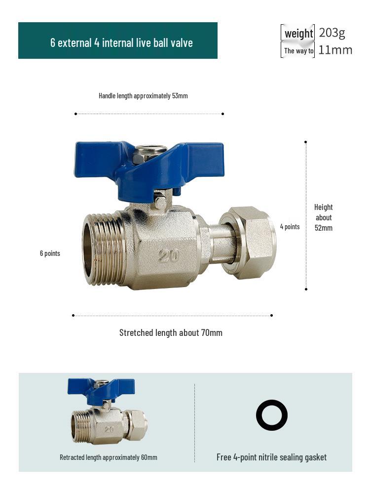 Full Copper Water Heater Union Ball Valve, Male/Female Thread, 6 to 4 Points Large Flow for Wall-Hung Boiler