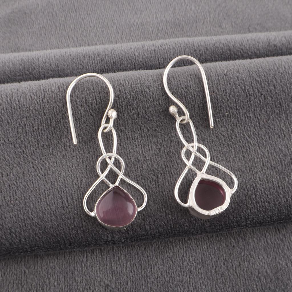Purple Cat's Eye 925 Sterling Silver Earrings, Handmade Silver Jewelry, Gorgeous Cat's Eye Gemstone Earrings For Gift