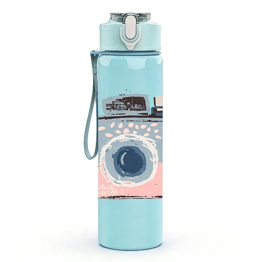 1PC Retro Pink Pastel Camera Print 750ml Color Plastic Sports Water Bottle Leakproof Flip Straw Lid Suitable for Sports Office Home Use