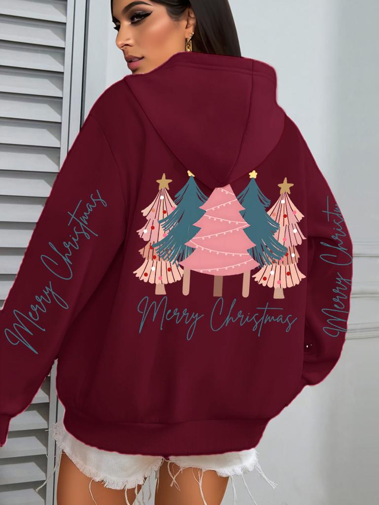 Merry Christmas Beautiful Trees Printing Women Hoodies Loose Fleece Hoody All-Match Y2K Pocket Clothing Autumn Casual Streetwear