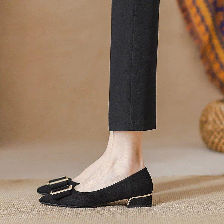 Pointed thick heel single shoes women's middle heel 2025 autumn new light mouth soft sole suede professional work black high heels