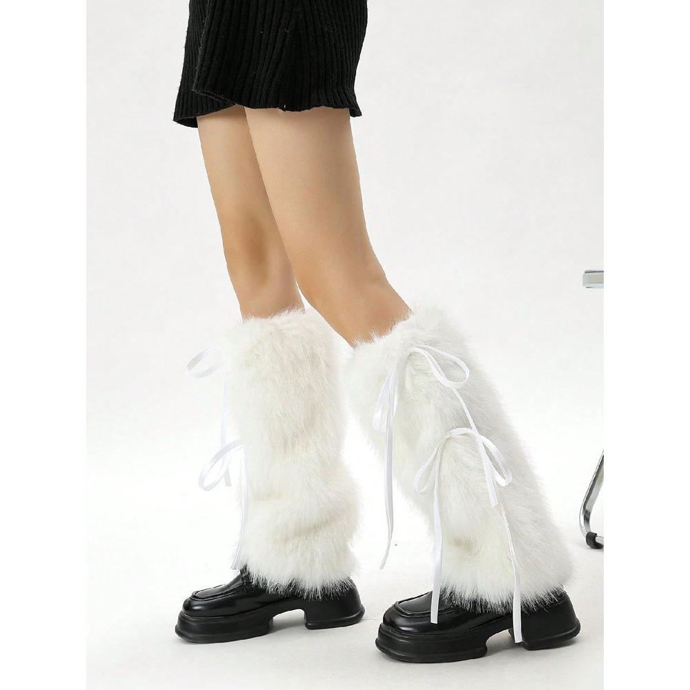 Women's Leg Warmers Autumn and Winter Warm Fur Plush Calf Socks with Bowknot Faux Fur Socks Mid-Tube Stacked Socks Boots