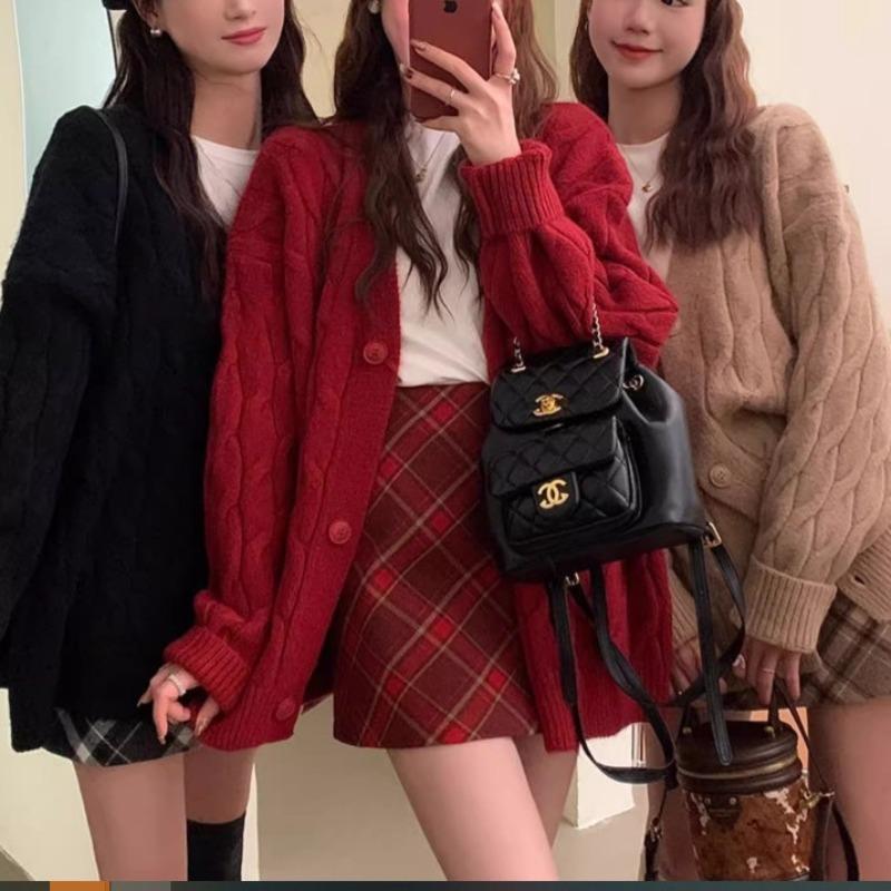 Twist Solid Color Sweater Jacket Women's Autumn and Winter New Thickened Loose V-neck Outer Wear Lazy Wind Knitted Cardigan
