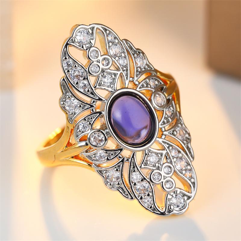Vintage Inlaid Purple Stone CZ Women's Ring Ethnic Two Color Hand Carving Daily Wear Party Jewelry Anniversary Gift