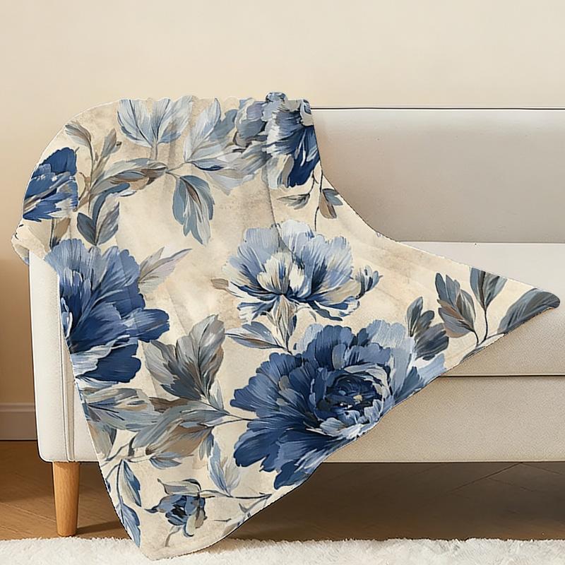 Soft Flannel Fleece Blanket Breathable Cozy Throw with Blue Flower Pattern, All Season Use, Ideal for Home Office & Christmas Halloween Gifts