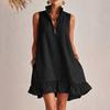 Women's Sleeveless Mini Dress, Half Zipper Stand Collar Ruffle A-line Dress, Summer Casual Flowy Beach Vacation Sundress