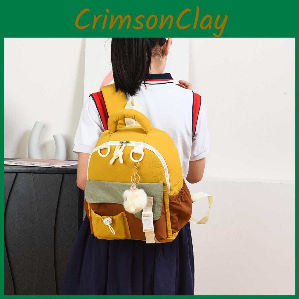 Childrens Color Blocked Backpack With Plush Pendant For Young Learners