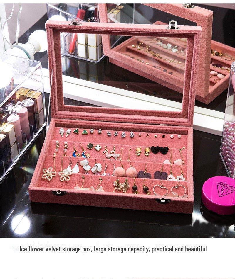 Pink Flocked Portable Jewelry Box with Lid - 316-Grit Dustproof Glass Ring & Earring Display