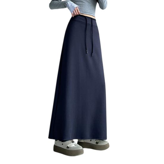Women Sport Skirt High Waisted Adjustable Drawstring Long Skirt with Hem Slit Pure Color Slimming Design Casual Athletic Skirt