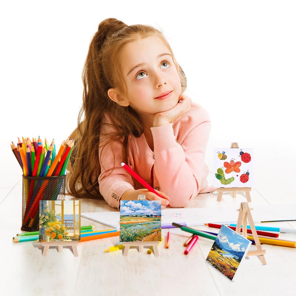 6 set med mini sträckt duk och staffli, tomma konstskivor, träfärgtavla för barns teckning, oljemålning och DIY-graffiti