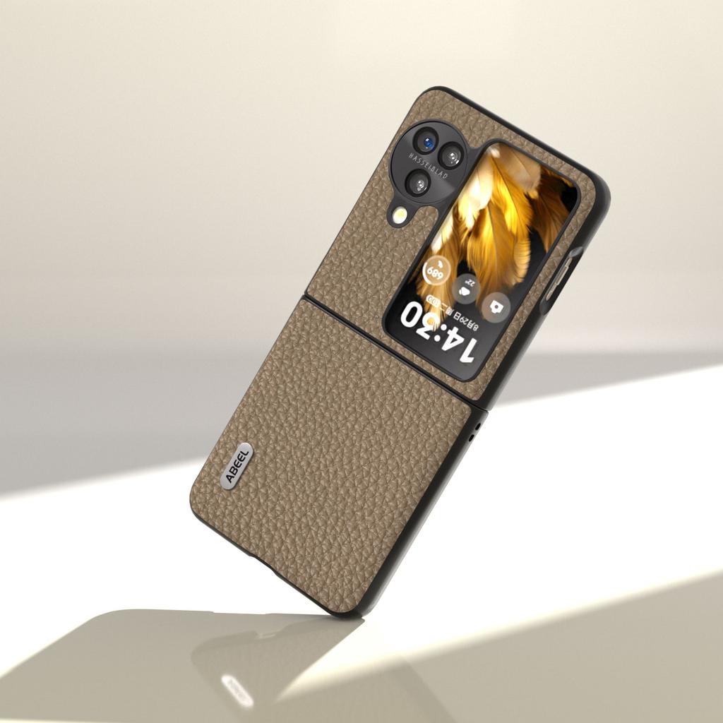 ABEEL For Oppo Find N3 Flip 5G Genuine Cow Leather+PC Phone Case Litchi Texture Drop Protection Cover