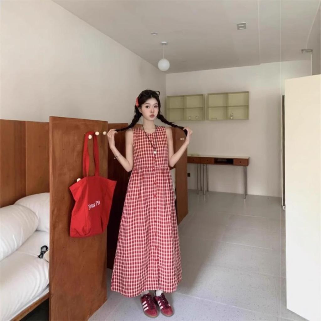 Women's Sweet & Spicy Red Plaid Sleeveless Tank Dress - Spring 2025 Collection, Loose Fit, Single-Breasted, Long Lazy Style