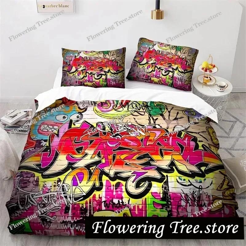 Graffiti Hip Hop Modern Street Art Bedding Set Boys Girls Twin Queen Size Duvet Cover Pillowcase Bed Kids Adult029