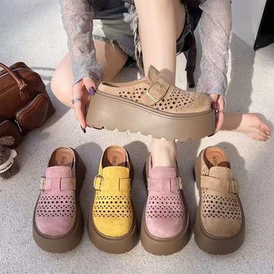Internet Celebrity Retro Hollow Breathable Bag Head Half Slippers Women 2025 Frosted Leather Muffin Thick Bottom Wear a Pedal Slippers