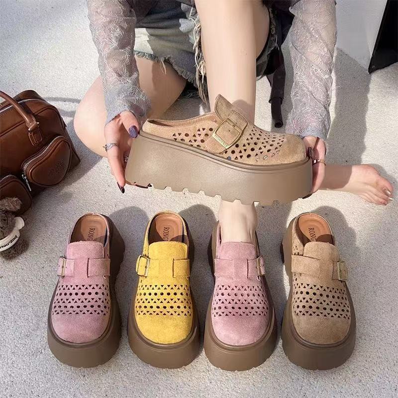 Internet celebrity retro hollow breathable bag head half slippers women 2025 frosted leather muffin thick bottom wear a pedal slippers