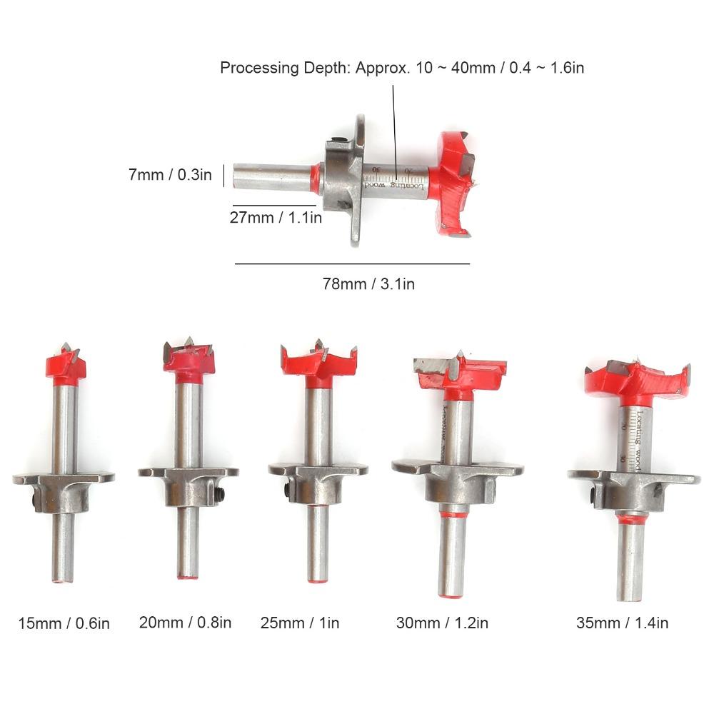 5pcs 15mm-35mm Adjustable Forstner Drill Bit Set Carbide Tip Hex Shank Wood Reaming Drill Bit Limit Stop Design