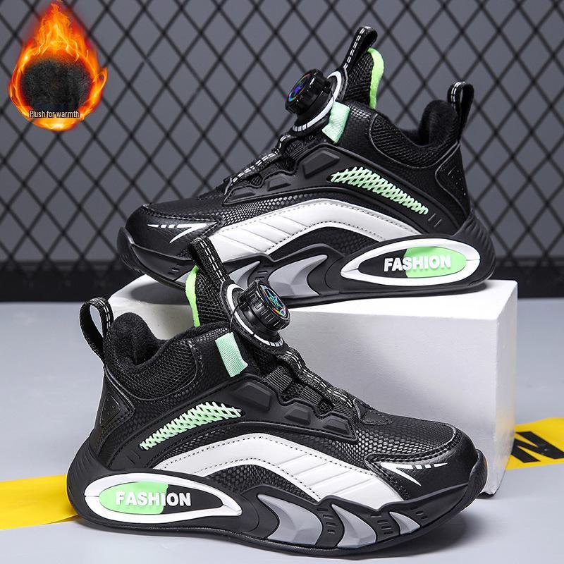 Kids' Rotating Button Sneakers - Leather, Velvet-Lined for Autumn & Winter