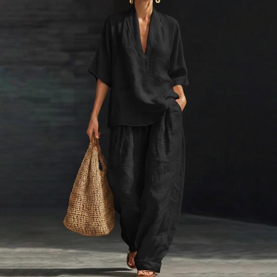 Completi Estivi da Relax a 2 Pezzi per Donna con Scollo a V, Manica Corta e Pantaloni a Gamba Larga, Set Casual per Viaggi e Vacanze
