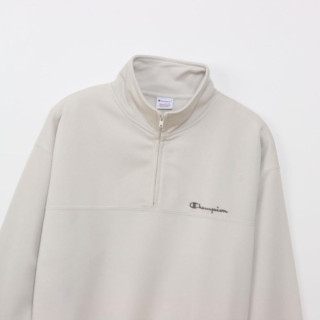 Champion TECH TERRY HALF ZIP SWEATSHIRT Pale Long Crew Stretch USA Script Logo Embroidery Women's WEAVE(R) (CW-BS001), White, Sleeve, Neck,