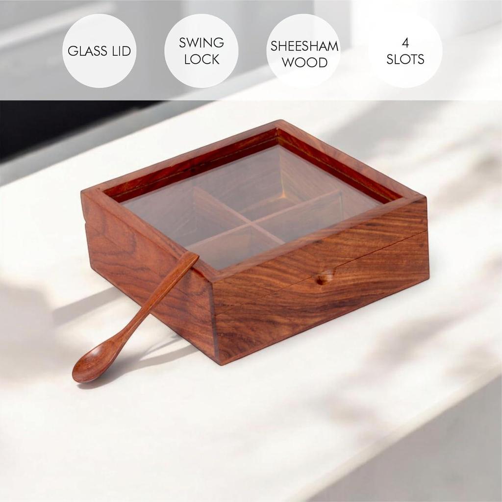 Wooden Spice Box with 4 Partitions & Spoon, Spice Container for Kitchen, Masala Dabba, Namakdani for Kitchen