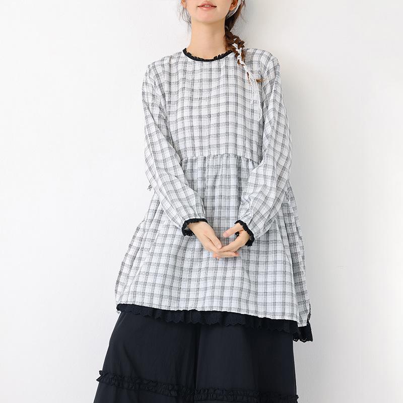 

Женская клетчатая двухслойная длиннорукавная свободная midi-юбка с круглым вырезом из хлопко-льня, Большие размеры, Японский стиль. Весна 2026. One Size белый