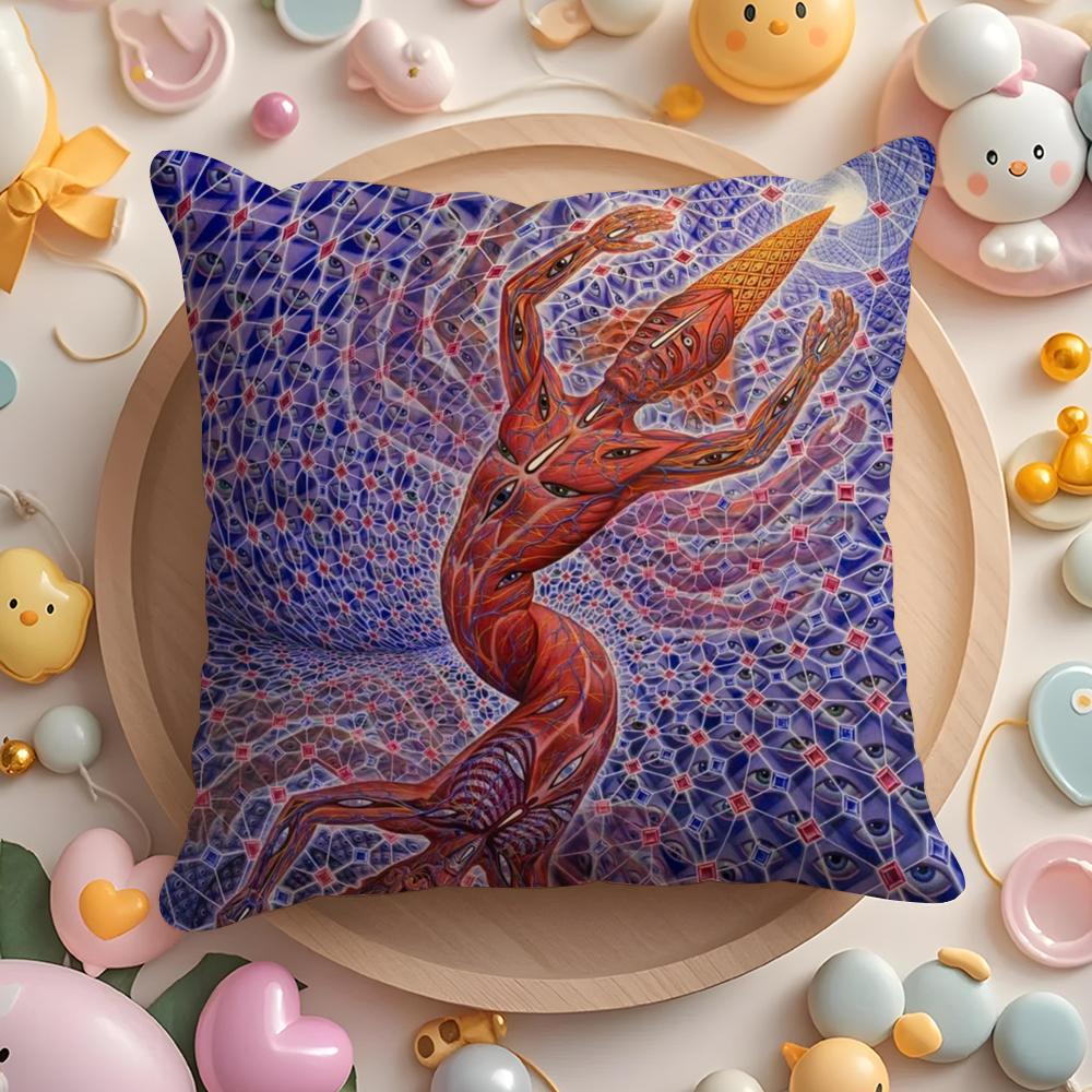 A-Alex Grey Trippy Psychedelic Cushion Cover Plush Fabric Soft Double-Sided Printed Sofa Pillow Case Colorfast Home Decor Gift