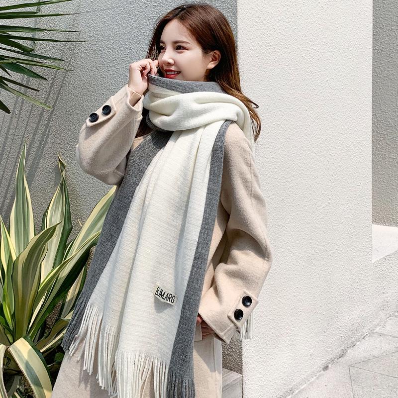 Autumn and Winter Casual Women's Imitation Cashmere Scarfs with Contrasting Colors Thick Insulation Soft Tassel Long Scarf