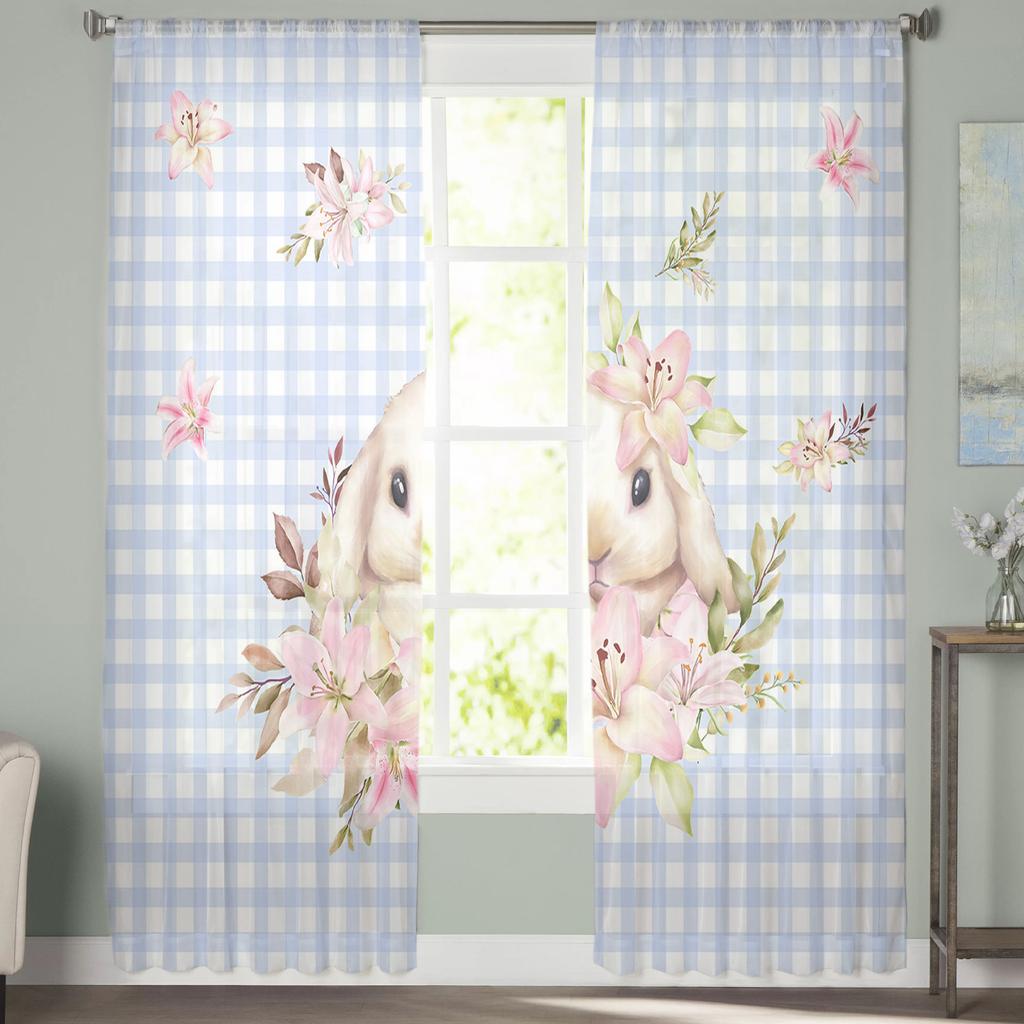 Easter Bunny Floral Plaid Tulle Curtains For Living Room Bedroom Voile Sheer Curtain Window Home Decor Drapes