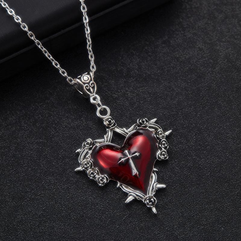 Gotiskt törnkors ros stort hjärta hänge halsband för kvinnor män vintage trend halloweenfest zirkon gåva