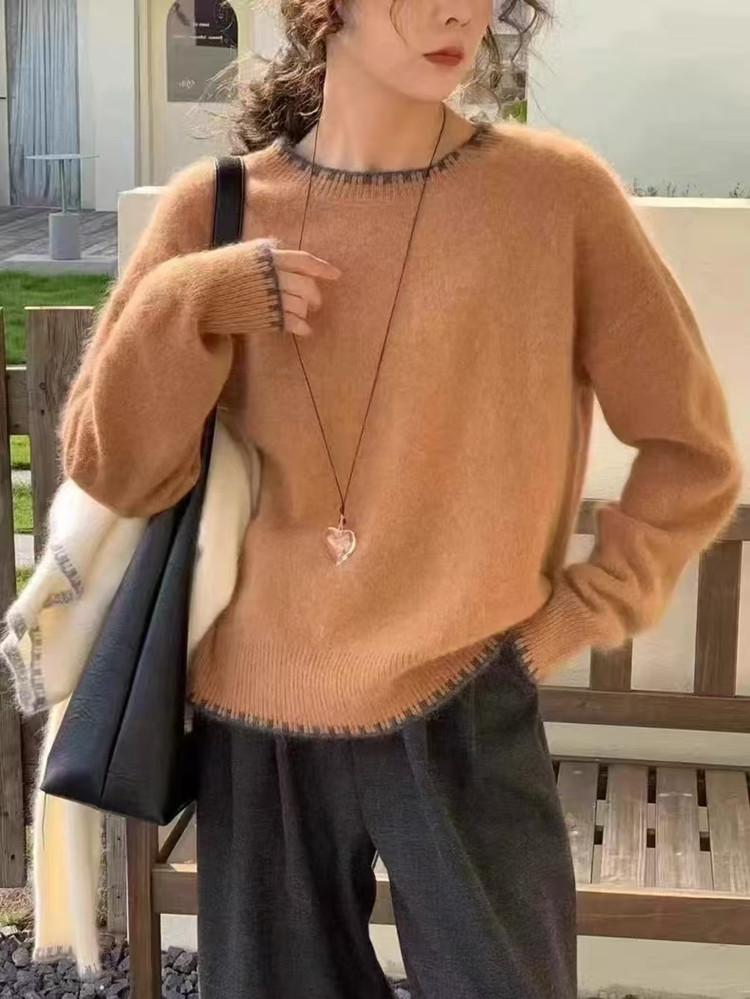 Autumn And Winter New Gray Soft Waxy Sweater Lazy Wind Loose Knitting Base 100% Wool Sweater Women'S Crew Neck