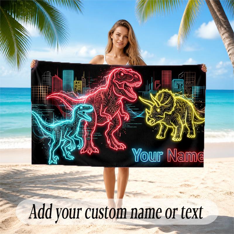 Dinosaur Theme Quick Dry Beach Towel Custom Name Text Print Large Sand Resistant Towel Beach Vacation