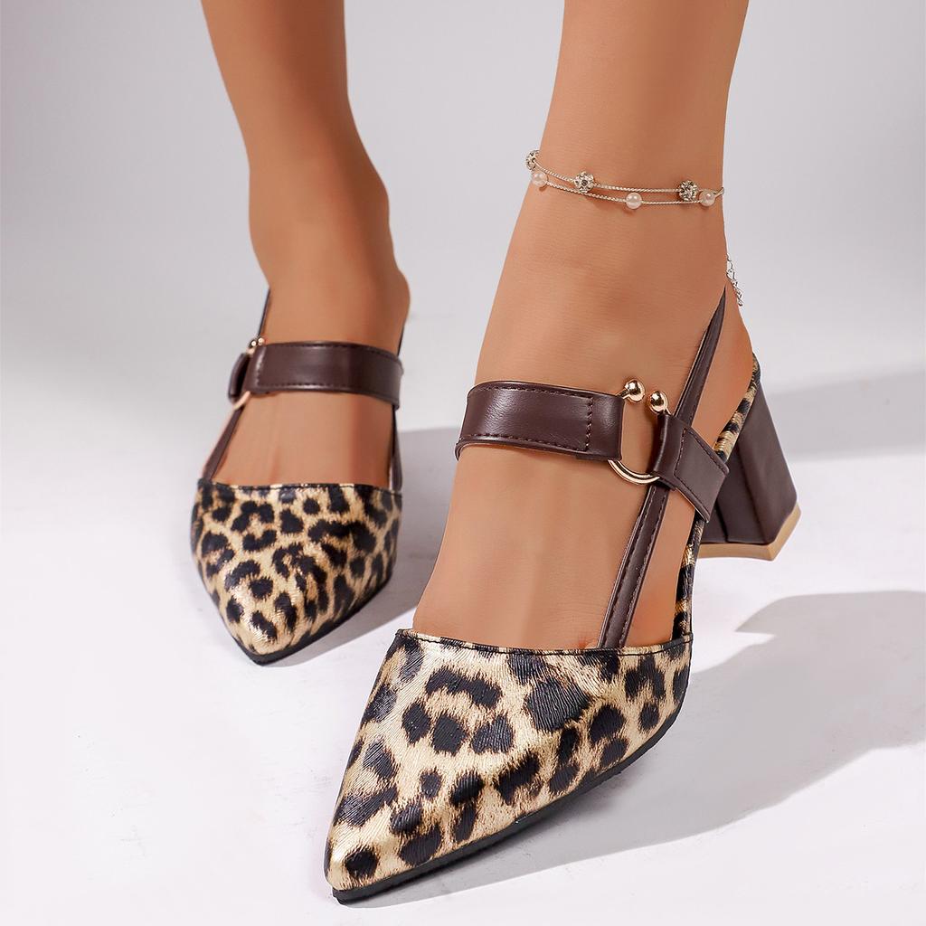 Spring/Summer New Dress Shoes – Pointed Toe Chunky Heel Covered-Toe Sandals, Medium Heel One-Band Buckle Open-Back Heeled Sandals for Women