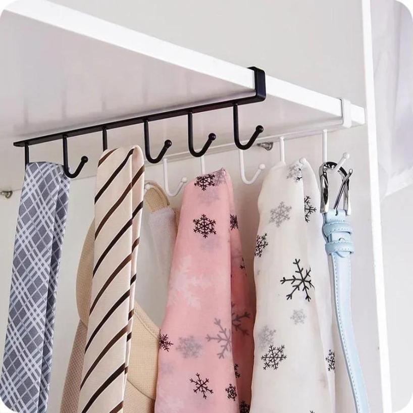 Kitchen Wrought Iron Hooks 6 Row Hooks Without Punching Cabinet Hanging Shelves Household Multifu Wardrobe Tie Bag Storage Hooks