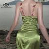 2024 sommer Französisch Vintage Grün Kleider Frauen Bestickt Blume Urlaub Stil Meer Satin Halter Kleider