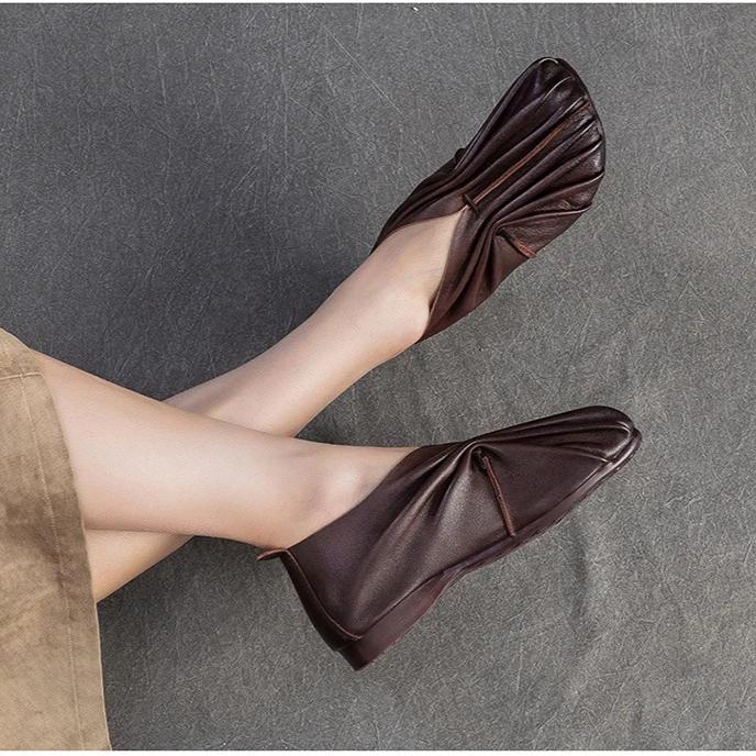 Johnature Retro Handmade Pleated Flats Genuine Leather Round Toe Soft Soled Lightweight Women's Slip-on Shoes