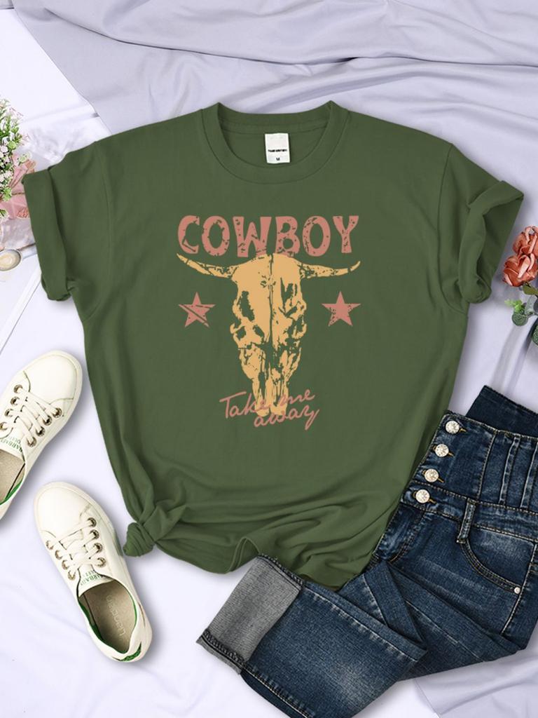 Summer Womans TShirts Vintage Simple Cowboy Printing Tops Breathable Soft ONeck Short Sleeve Casual Cartoons Female Clothes