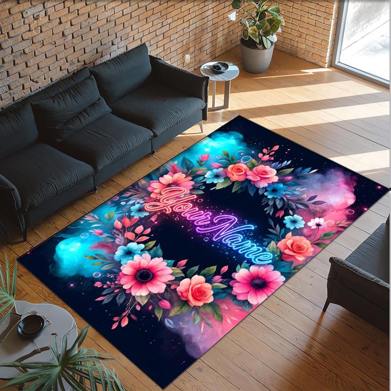 Floral Theme Crystal Velvet Rug Personalized Custom Name Text Soft Floor Mat Home Decor
