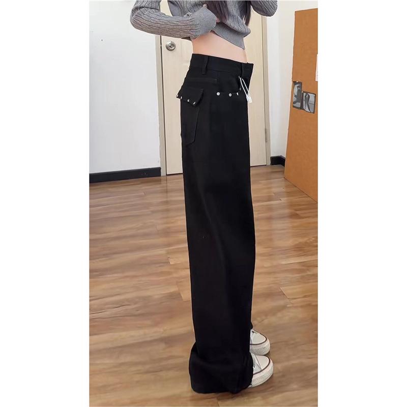 Women's Plus Size Retro Black High-Waisted Wide Leg Jeans with Pockets