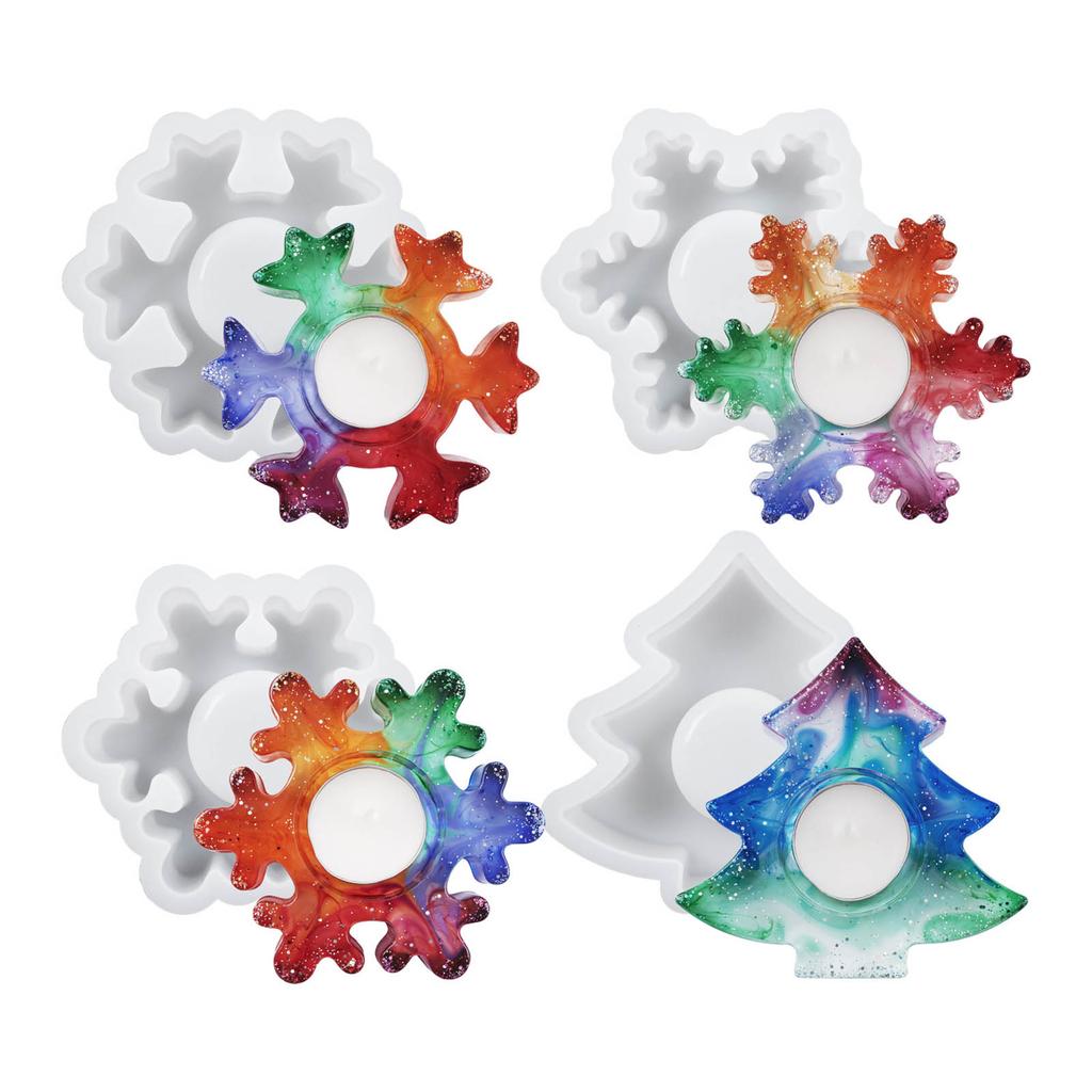 1/4x Snowflake Candle Holder Silicone Mold Tree Shape Tealight Holder Epoxy Mold Candlestick Resin Mold Christmas Decors