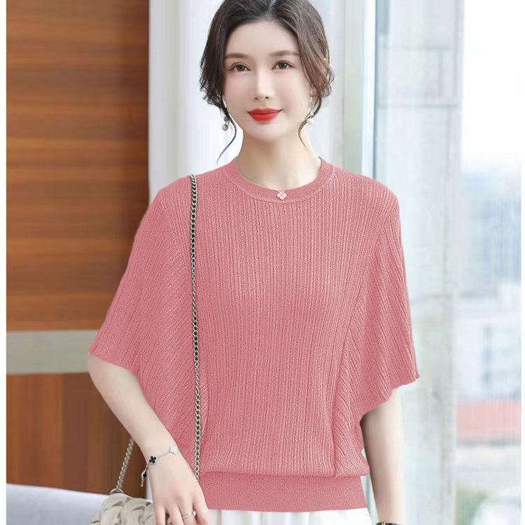 

Летняя женская футболка из ледяного шелка, тонкая свободная, большого размера, трикотажный свитер с коротким рукавом, трикотажная летучая мышь L красный