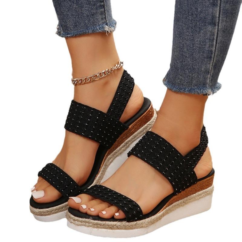 Large size one-word with wedge heel sandals women's buckle thick-soled woven lightweight beach cool slippers