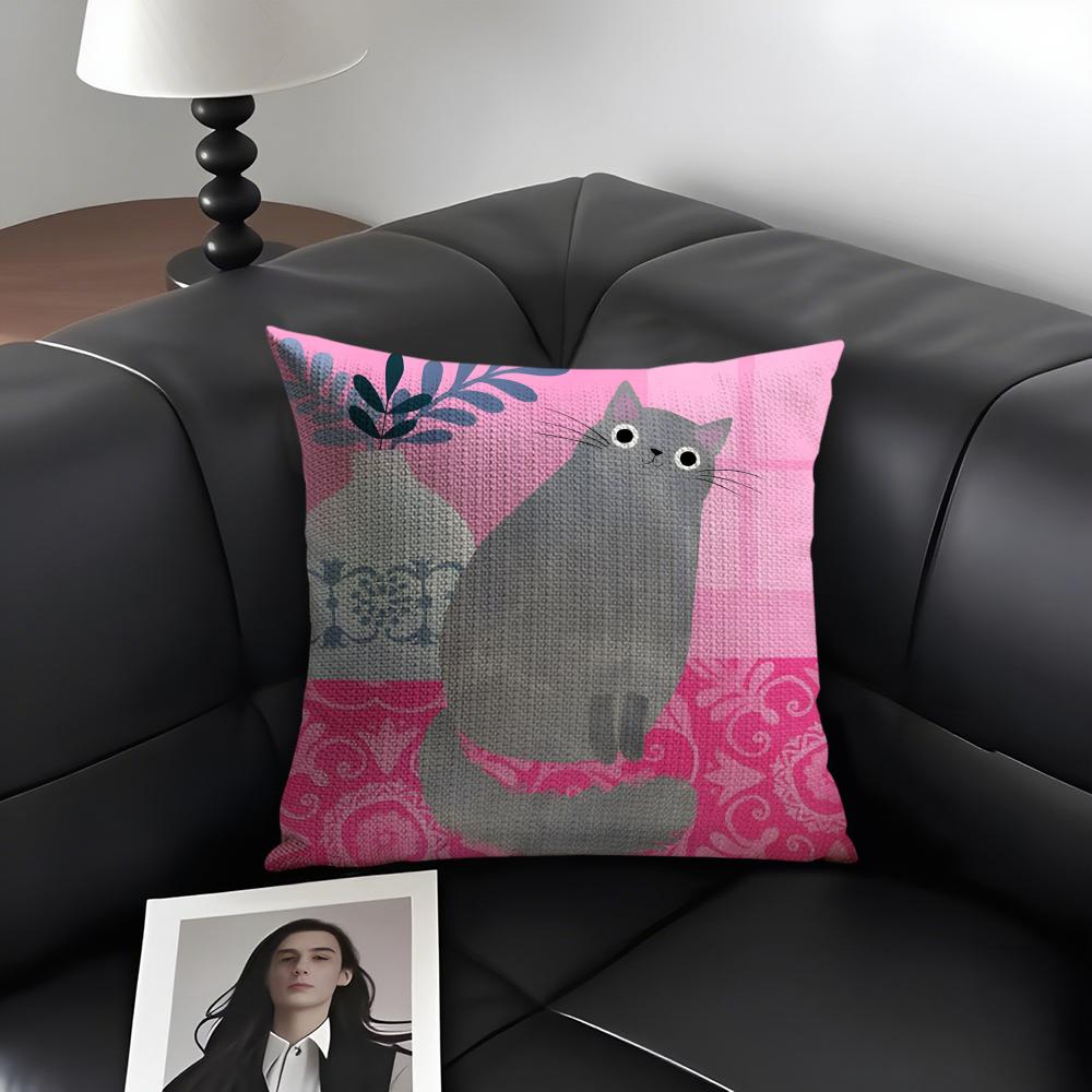 Cat Cute Cushion Cover Natural Linen Organic Fabric DoubleSided Printing Sofa Home Decor Gift Pillow Case