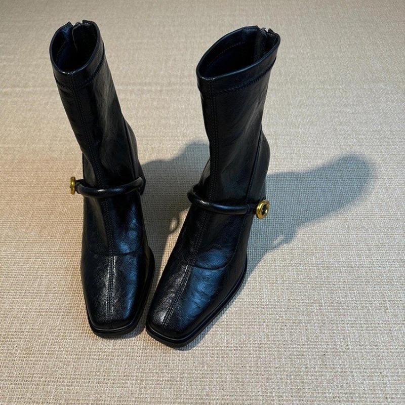 Streetstyle Dicke Ferse Damen Stiefelette Mode Eckige Zehenpartie Damen Elastische Schlanke Kurze Stiefeletten Herbst Winterschuhe