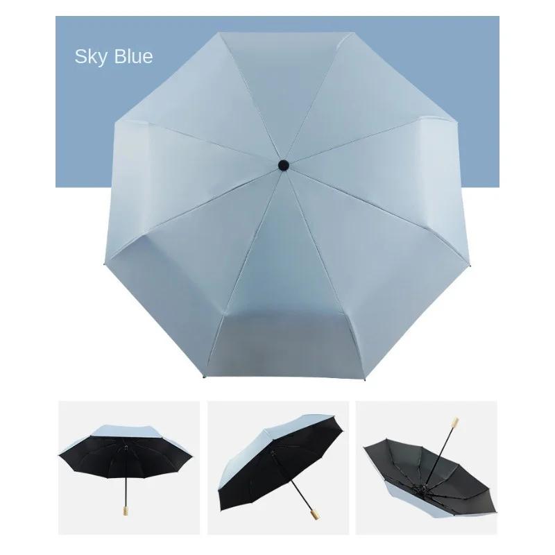 Simple Plain Triple Folding Umbrella Solid Wood Handle Girls Partysu Vinyl Sun Umbrella Reinforced Umbrella