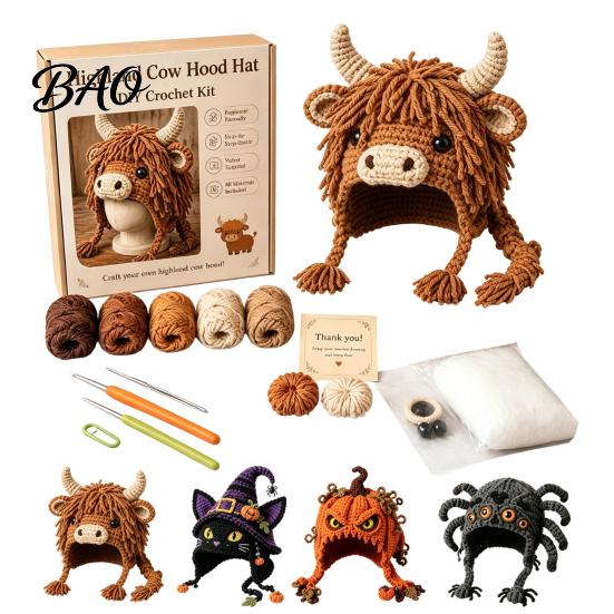 Parent Child Art Project Highland Cow Hat Crochet Kit, Halloween Pumpkin Spider Hood Handmade Holiday Ornament DIY Craft Kit for Adults Teens