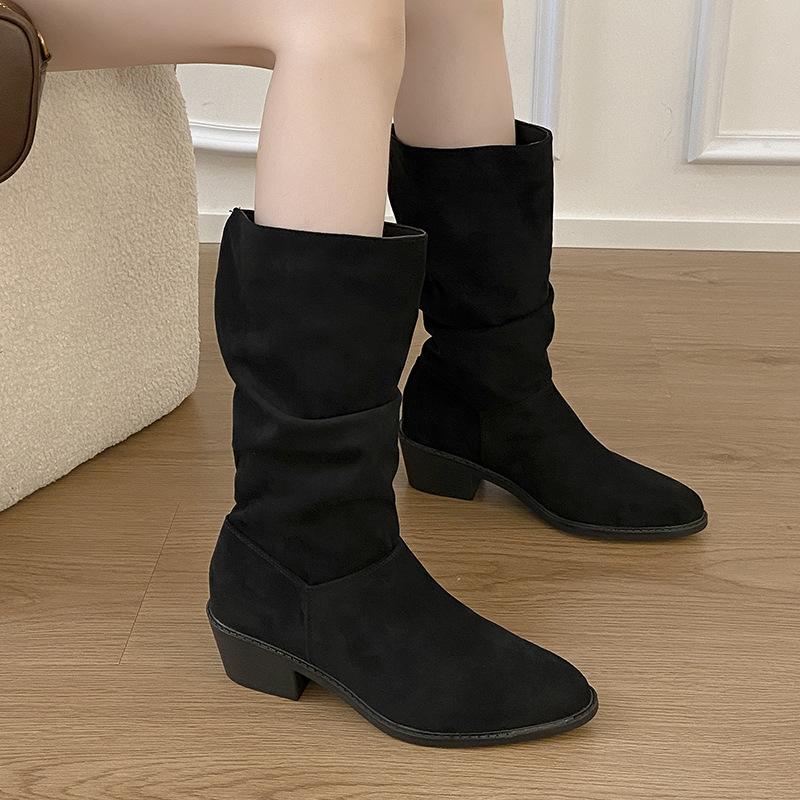 Inner Heightening Knight Boots Women's 2025 Thick Heel Autumn and Winter Western Boots Tall Retro Thin Pleated Piled Boots Long Boots