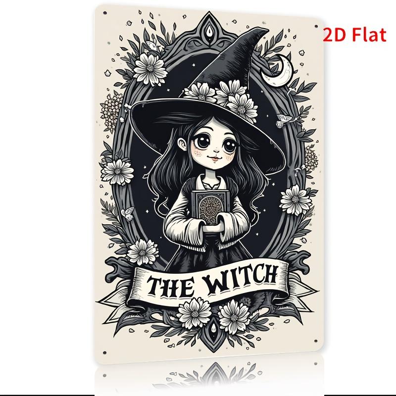 Funny and Satirical MetalTin Sign ironwork  black and white A female witch holding a book with a decorative border 20x30cm（7.8x11.8inch）