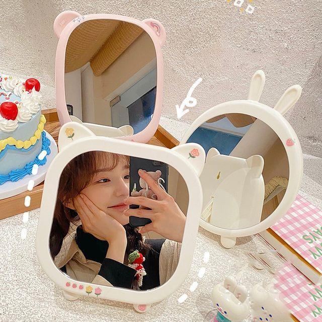 Yunikon - Animal Ear Desktop Mirror Circle - Rabbit Ears - White