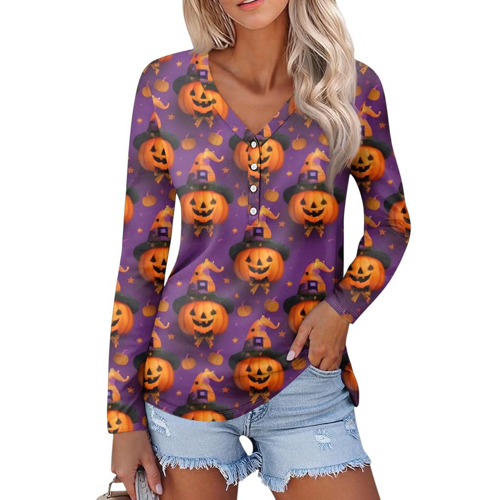 Women's Casual Fashion Sexy Comfort Halloween Printed V-Neck Button Long Sleeve