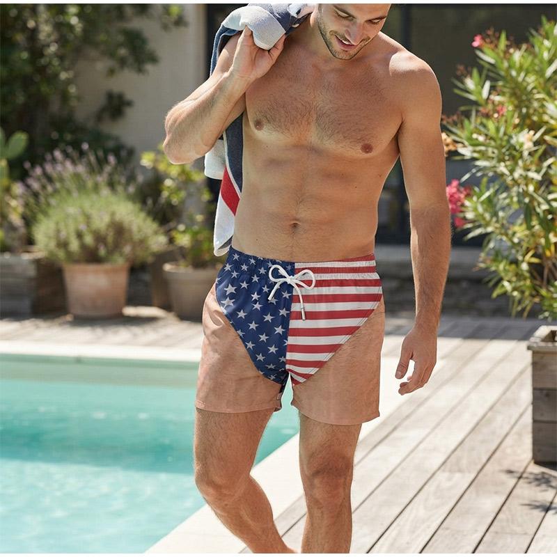 Funny US Flag Briefs 3D Beach Shorts Realistic Hairy Legs Graphic Swim Trunks Novelty Patriotic Costume Beach Shorts for Men